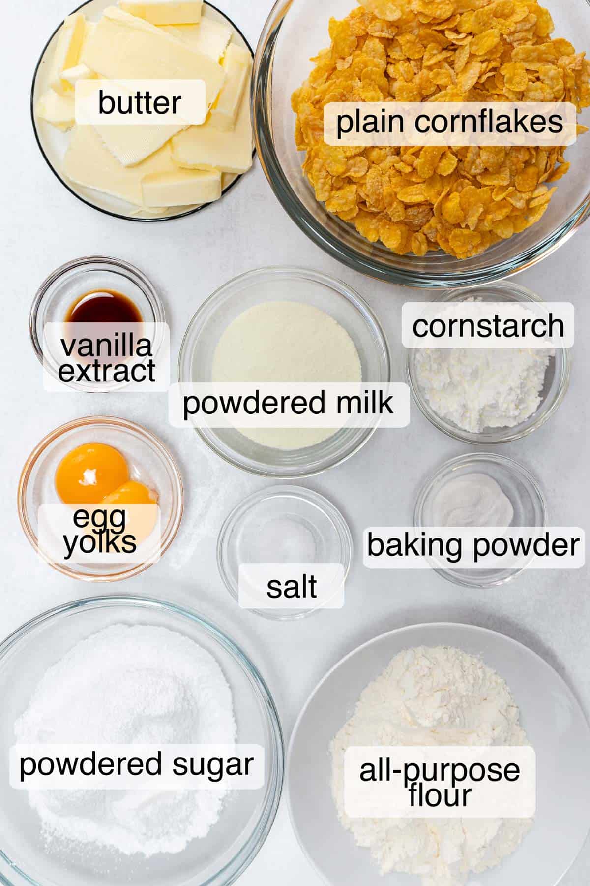 Ingredients to make cornflake cookies.