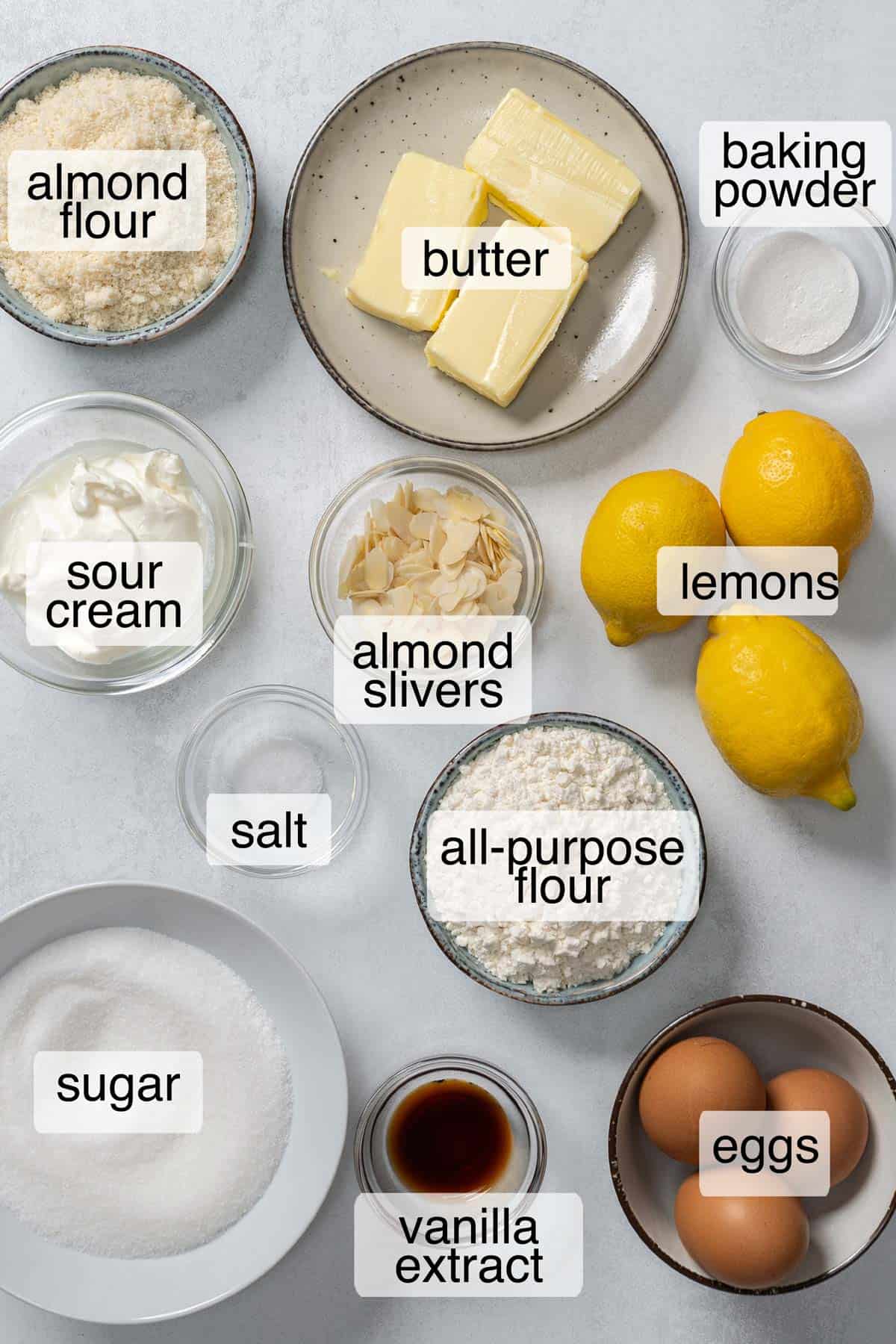 Ingredients to make lemon almond cake.