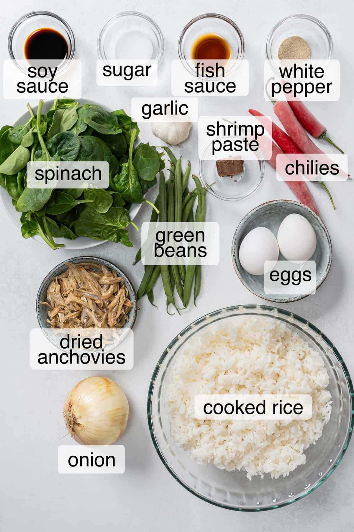 Ingredients to make nasi goreng kampung.