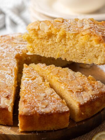 Showing sliced texture of lemon almond cake.