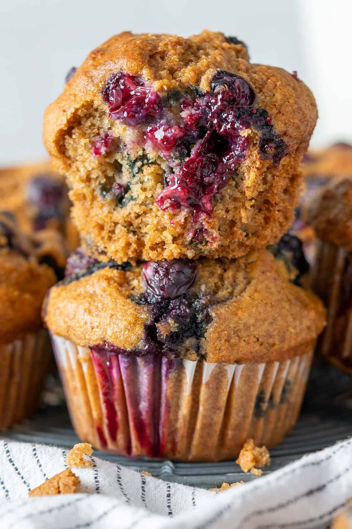 Close up texture of protein blueberry muffins.