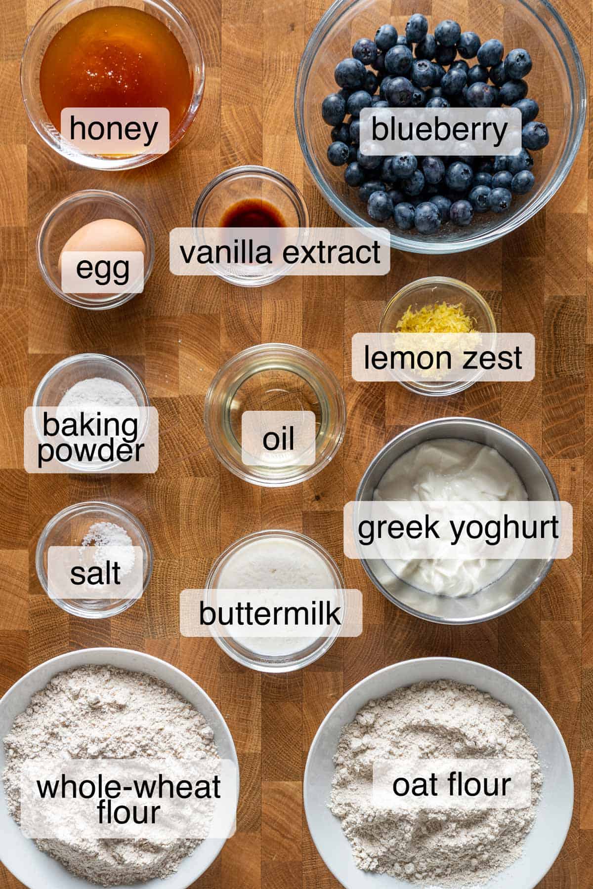 Ingredients to make blueberry protein muffins.
