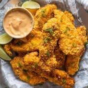 Air fryer bang bang chicken with sauce.
