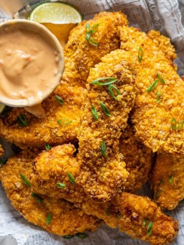 Air fryer bang bang chicken with sauce.