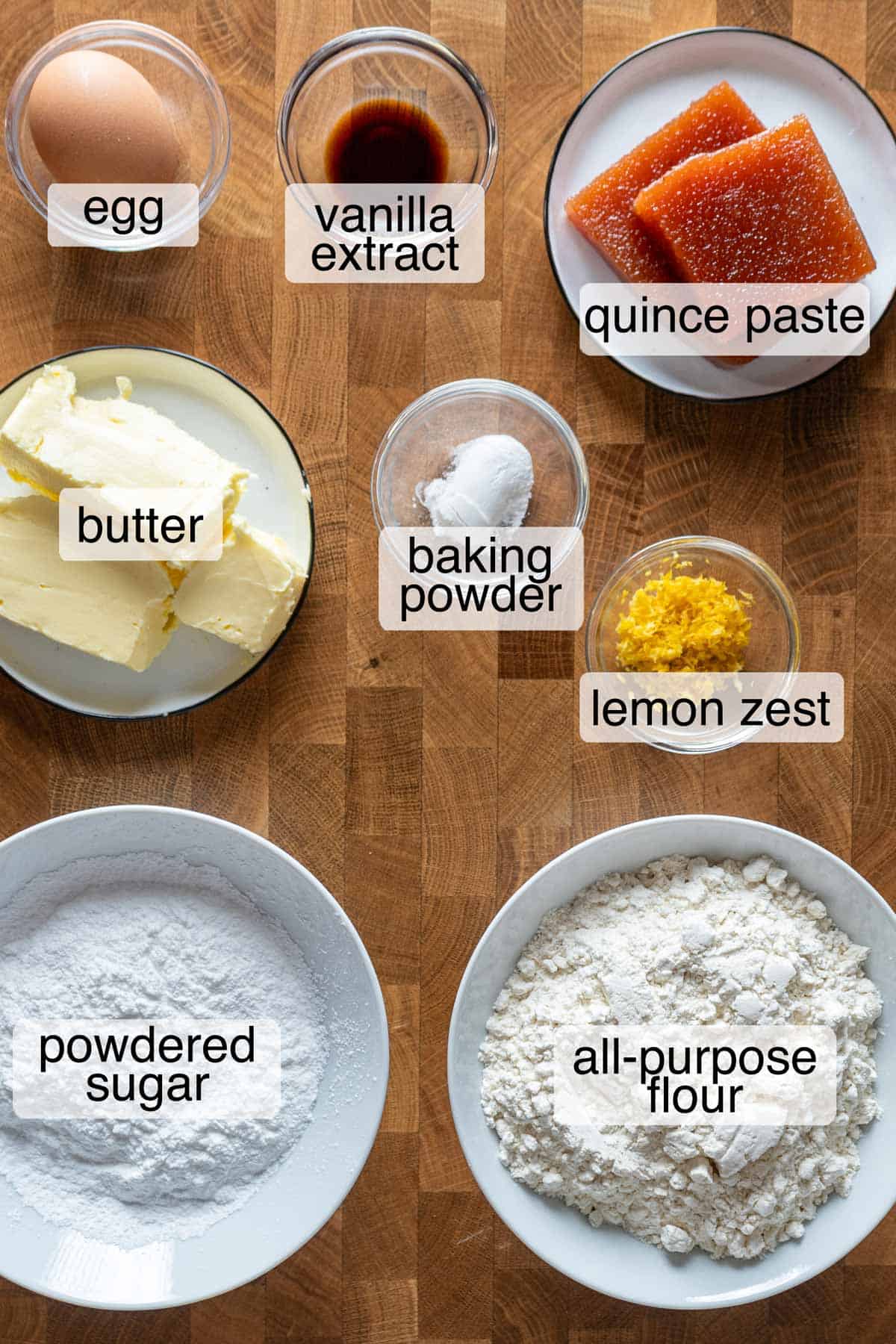 Ingredients to make Argentine quince thumbprint cookies.