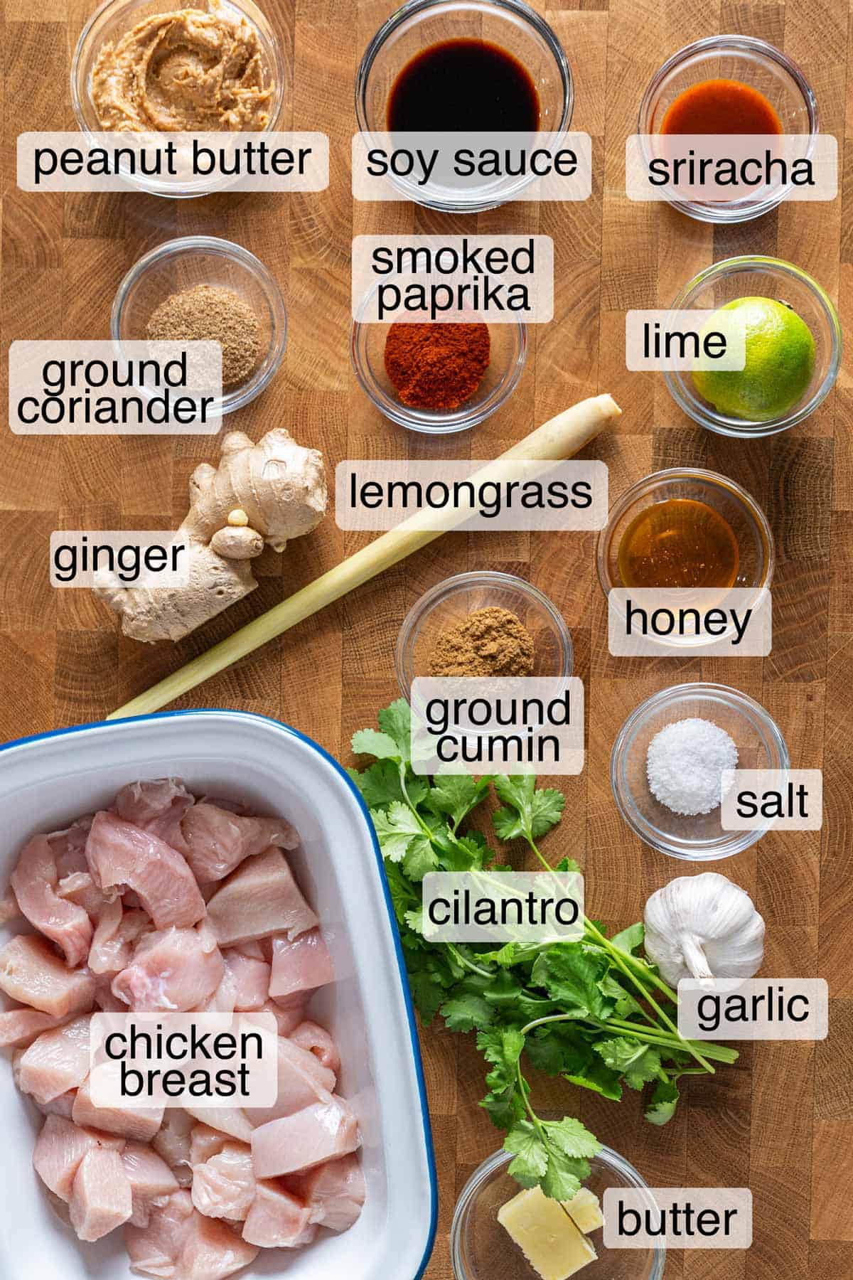 Ingredients to make chicken skewers with peanut sauce.
