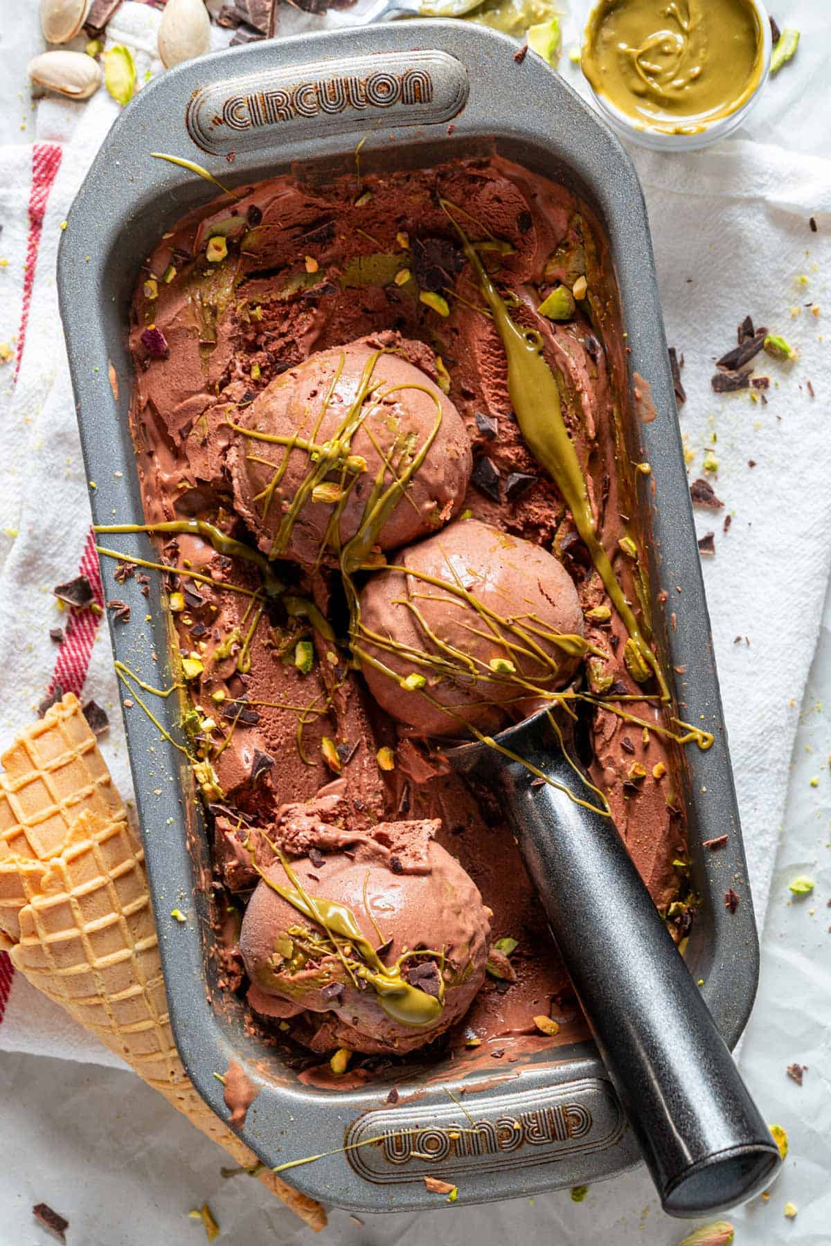 Dubai pistachio chocolate ice cream in the container.