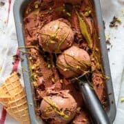 Dubai pistachio chocolate ice cream in the container.