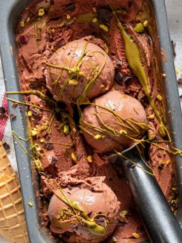 Dubai pistachio chocolate ice cream in the container.