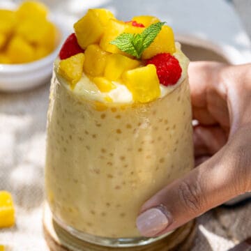 Mango sago pudding in a glass.