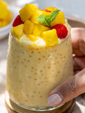 Mango sago pudding in a glass.