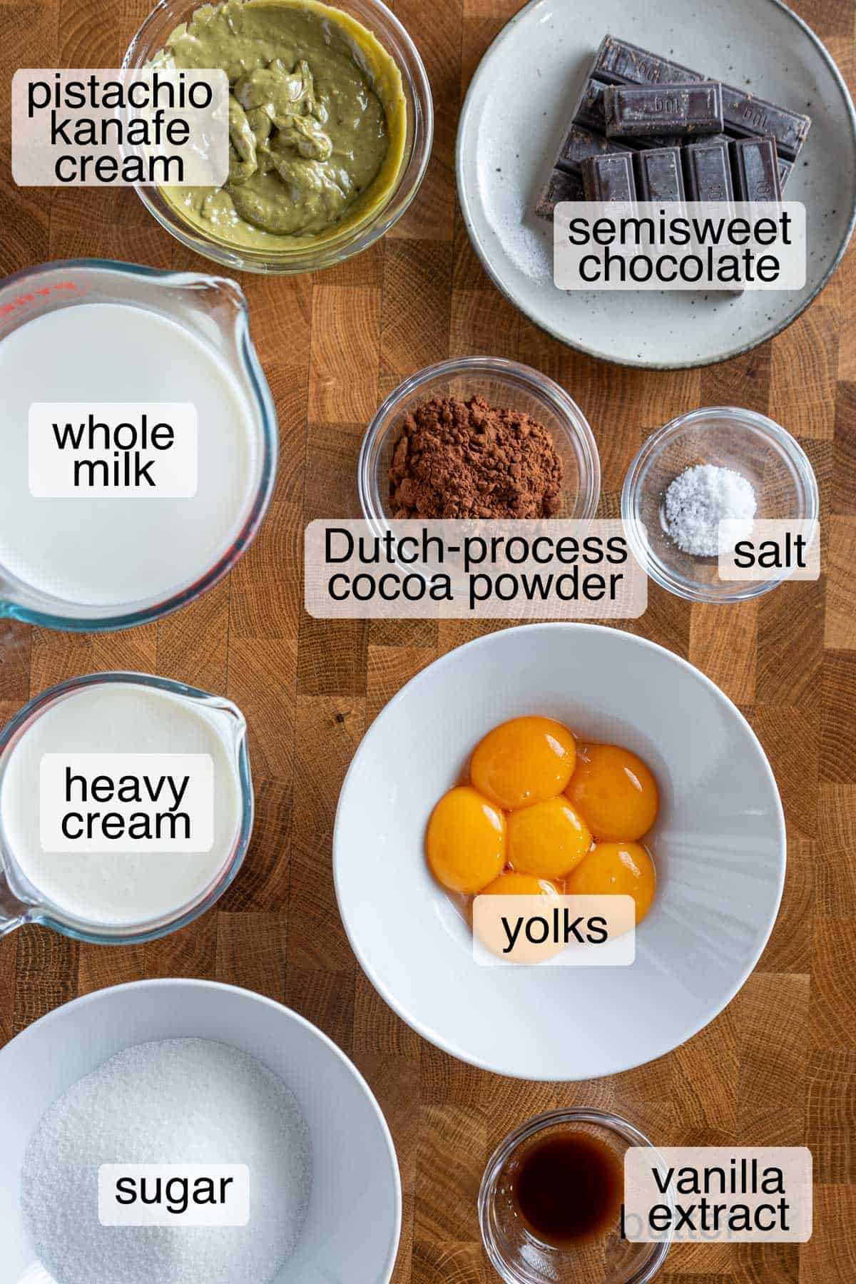 Ingredients to make Dubai pistachio chocolate ice cream.