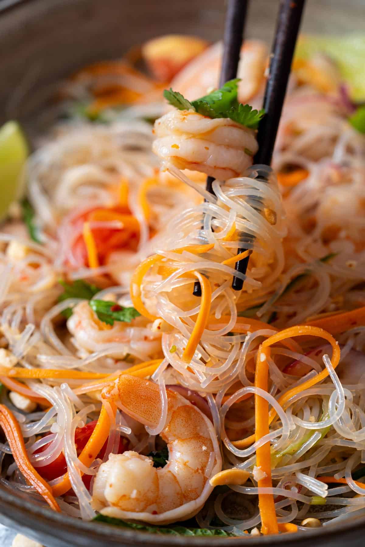 Close up look of Thai glass noodle salad.