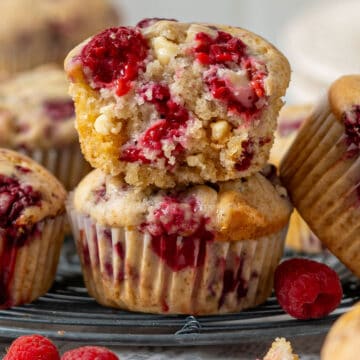 Raspberry and white chocolate muffins.