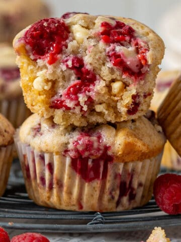 Raspberry and white chocolate muffins.