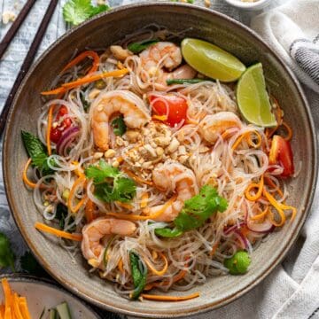 Thai glass noodle salad with shrimp and veggies.