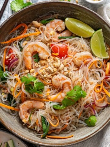 Thai glass noodle salad with shrimp and veggies.