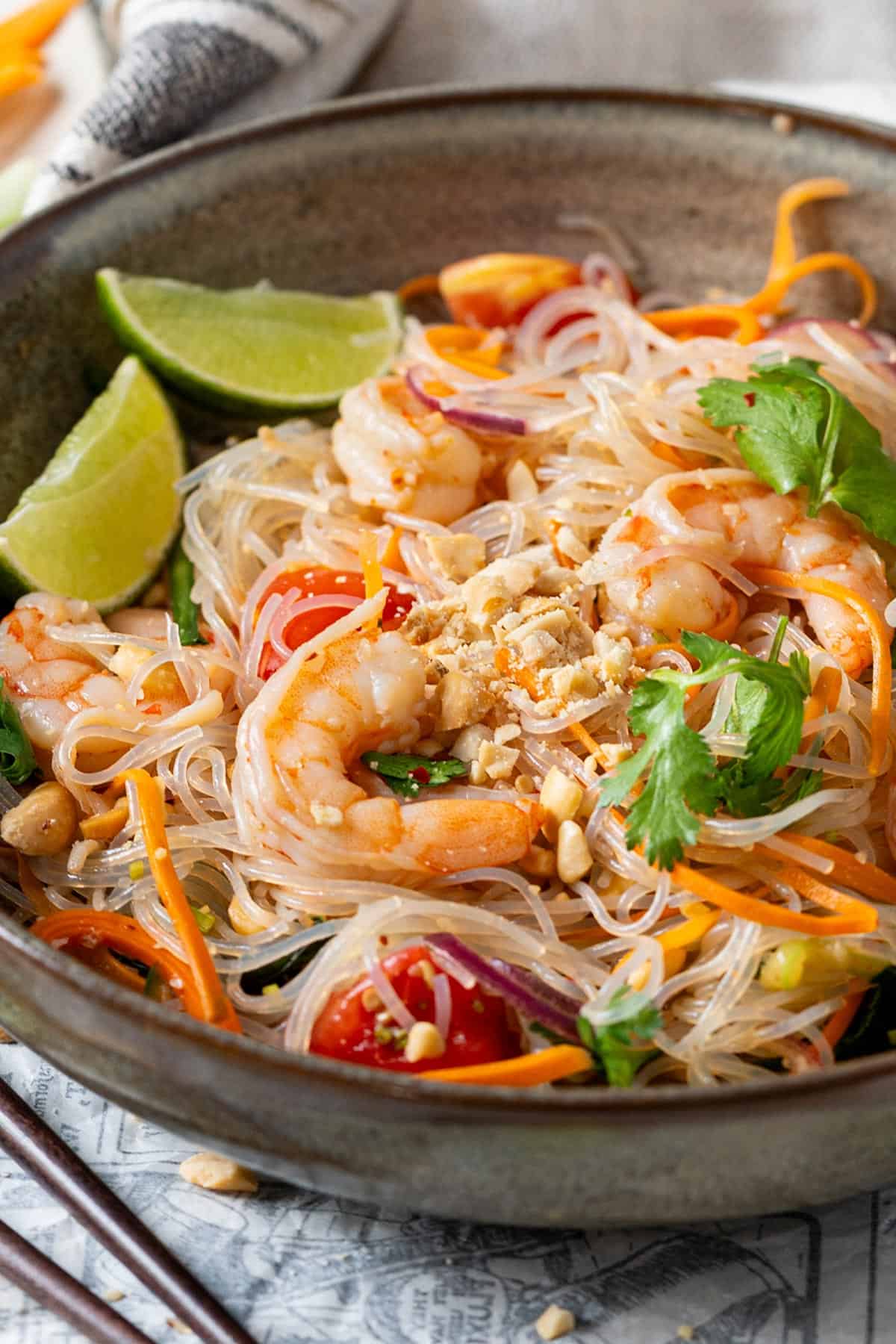 Glass noodle salad in a bowl view from front.