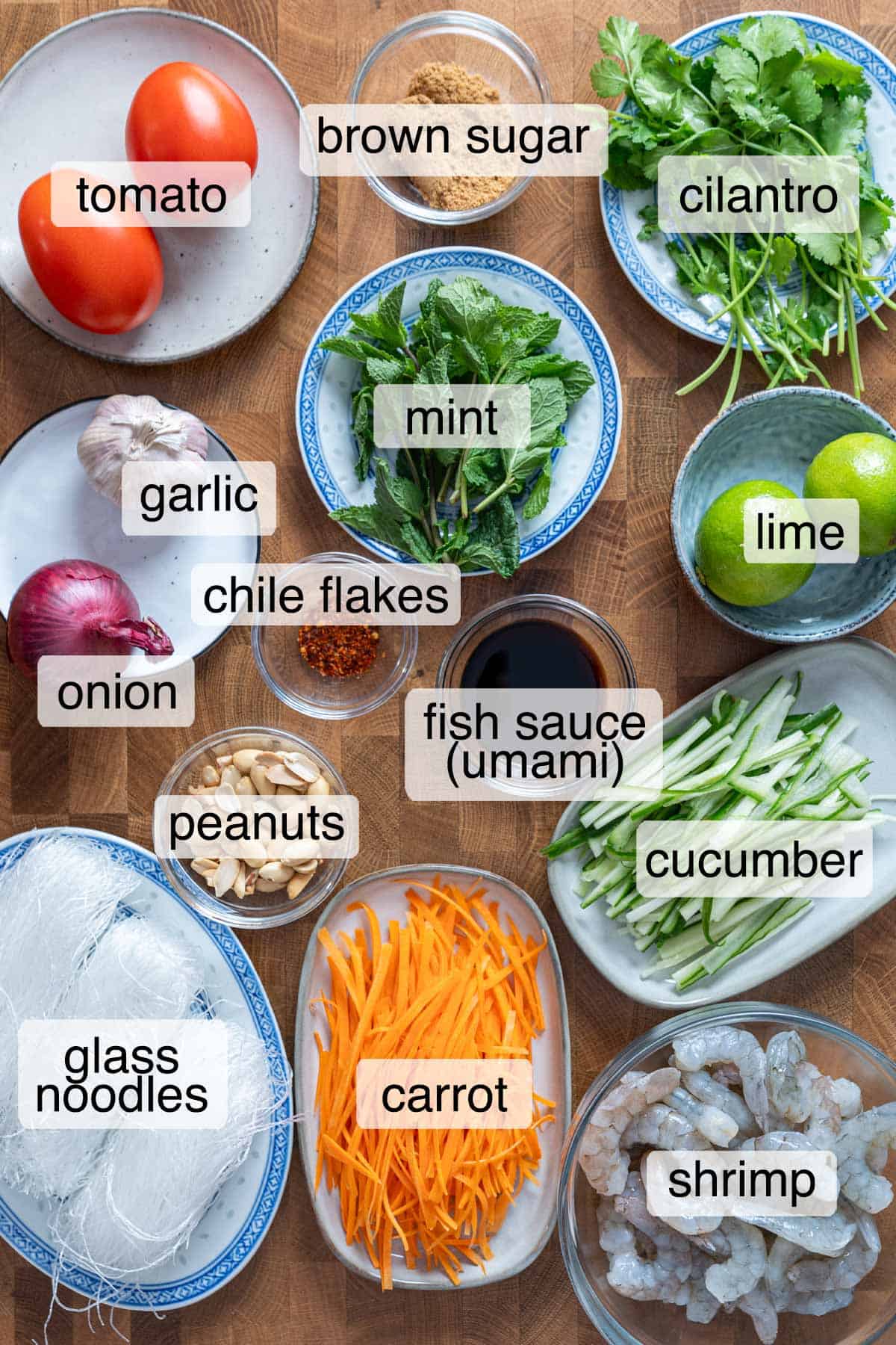 Ingredients to make glass noodle salad.
