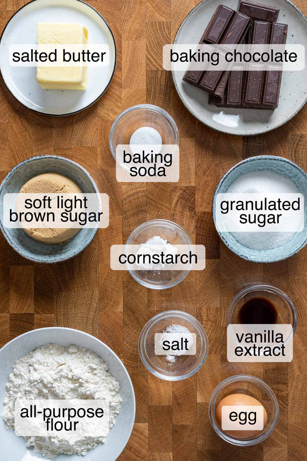 Ingredients to make chewy chocolate chunk cookies.