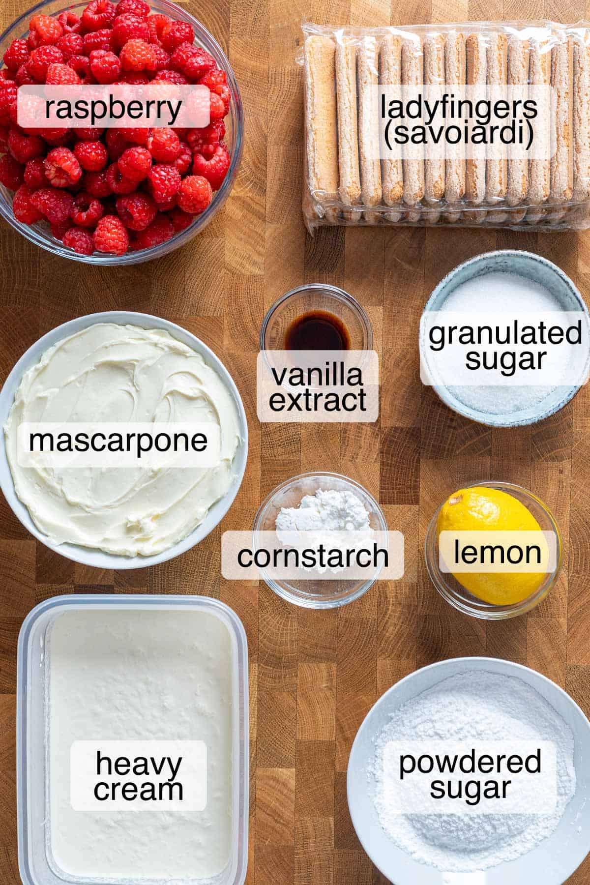 Ingredients to make raspberry tiramisu.