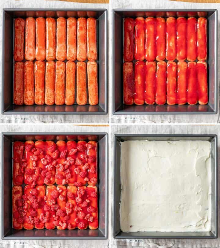 Layering raspberry tiramisu.