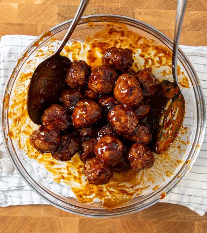 Meatballs tossed in the sauce.