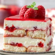 Raspberry tiramisu on a plate.