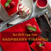 Raspberry tiramisu on a plate and the balance of it in the pan.