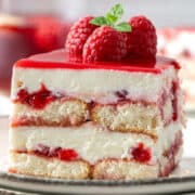 Raspberry tiramisu on a plate.