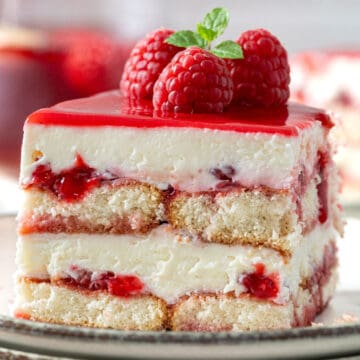 Raspberry tiramisu on a plate.