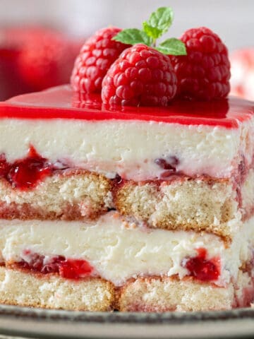 Raspberry tiramisu on a plate.