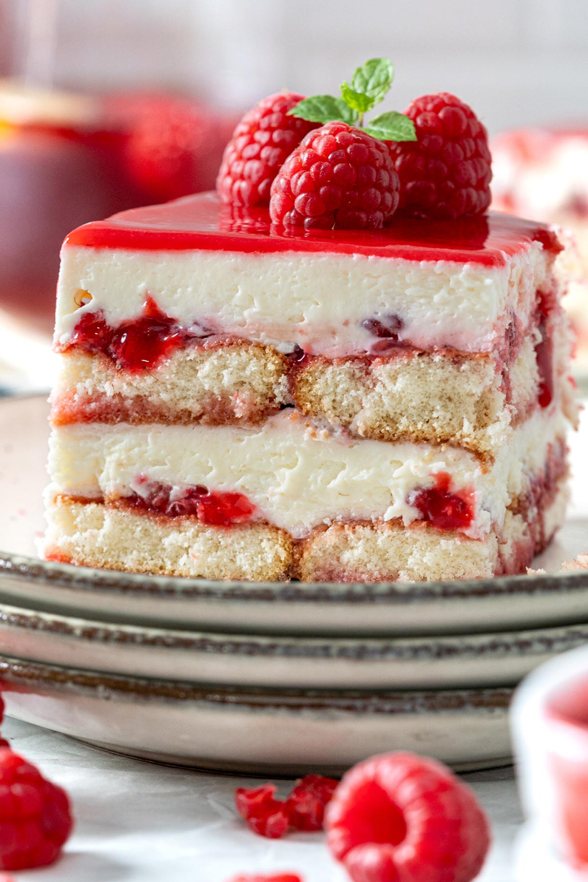 Raspberry tiramisu served on a plate.