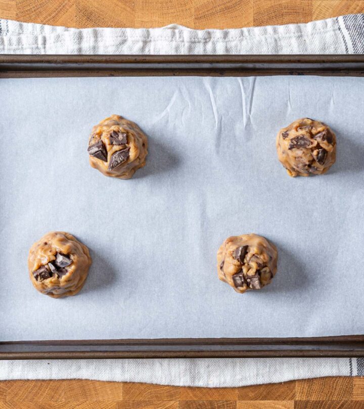 Tall dough of cookie dough ready to be baked.