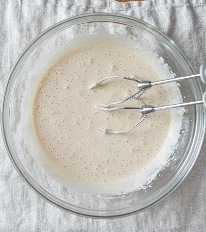 Beaten eggs and sugar mixture.