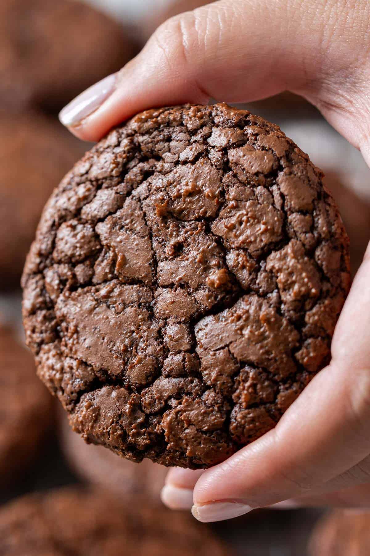 Holding one fudgy brownie cookie.