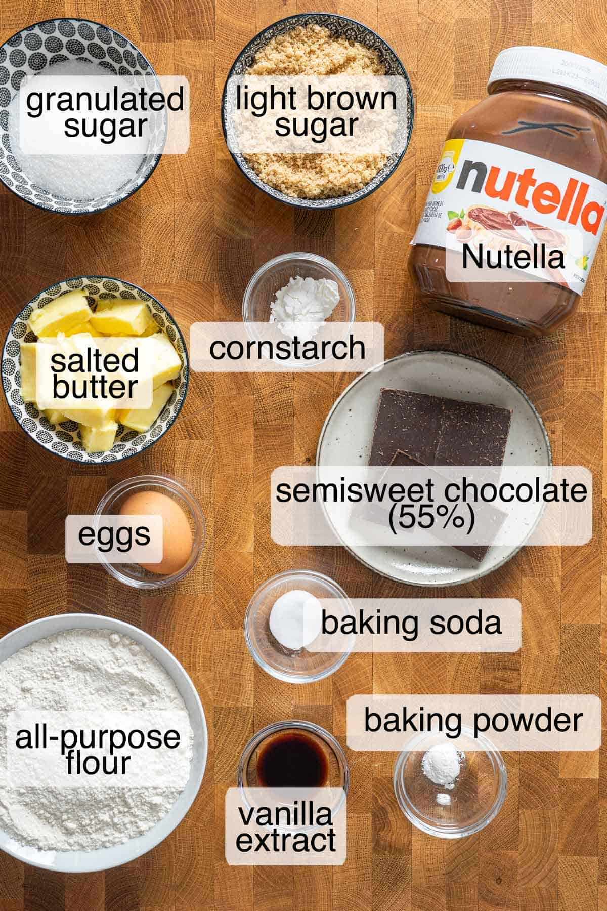 Ingredients to make Nutella-stuffed cookies.