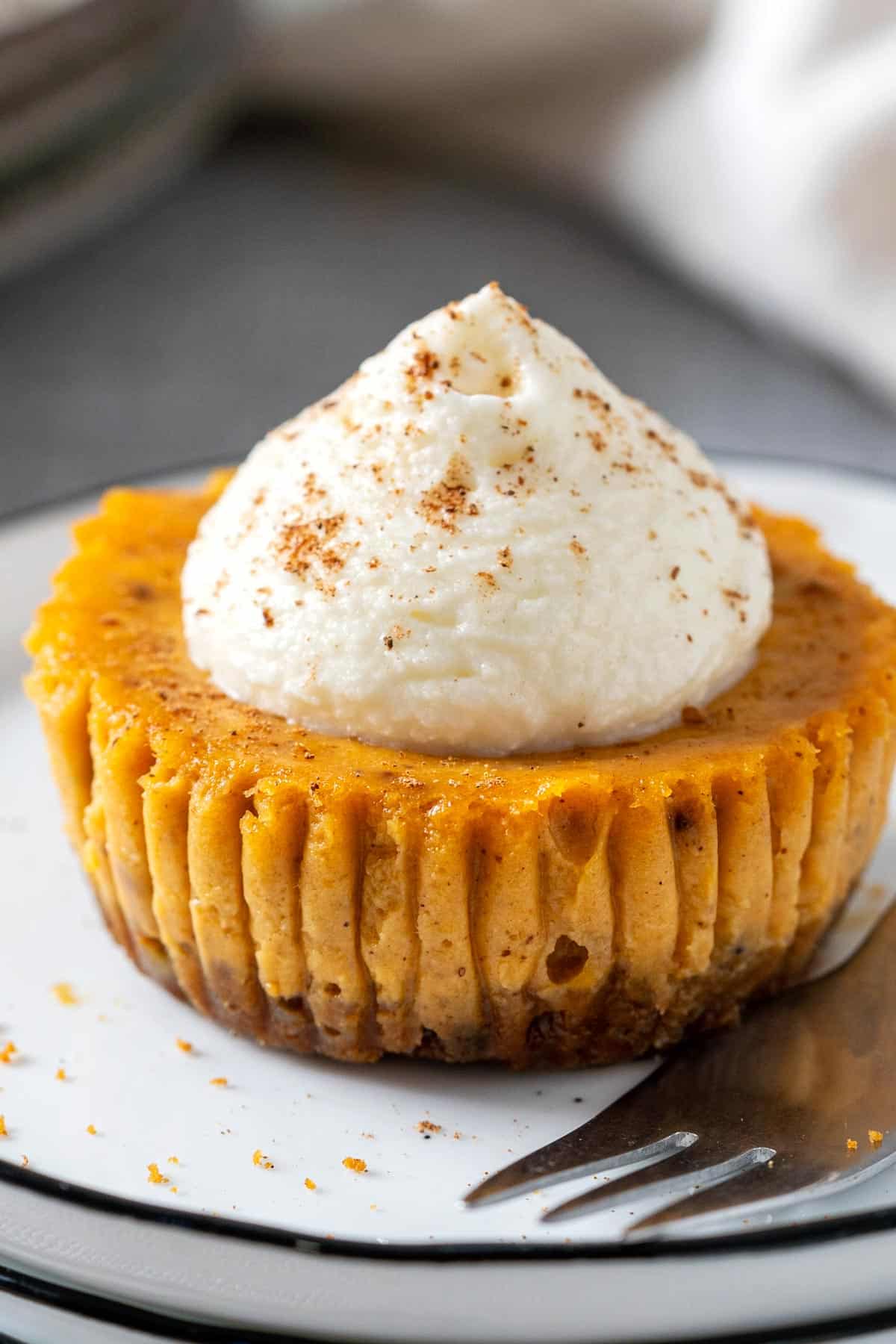 Mini pumpkin cheesecake on a plate.