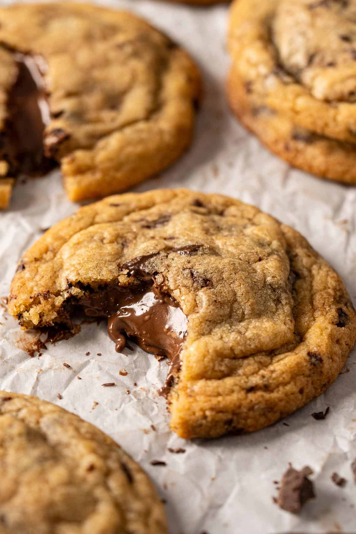 Nutella-stuffed cookies with oozy filling coming out.