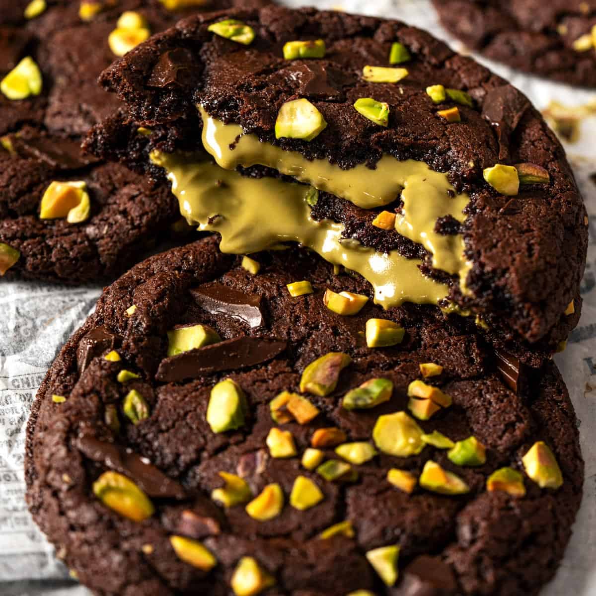 Chocolate pistachio cookie broken open with gooey pistachio cream filling and fudgy brownie-style texture.
