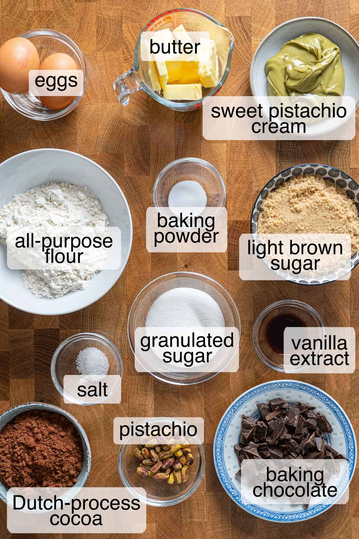 Ingredients to make chocolate pistachio cookies.