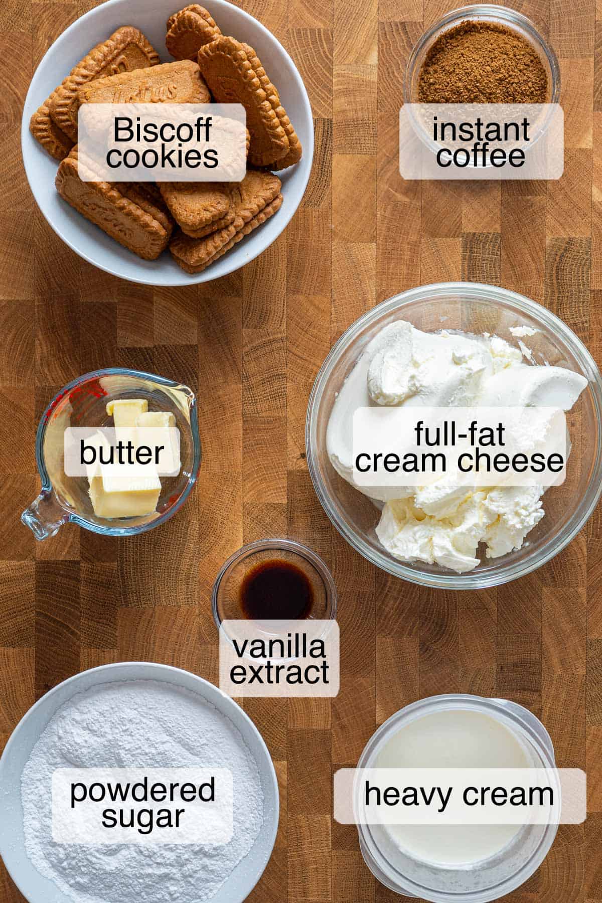 Ingredients to make no-bake coffee cheesecake without gelatin.