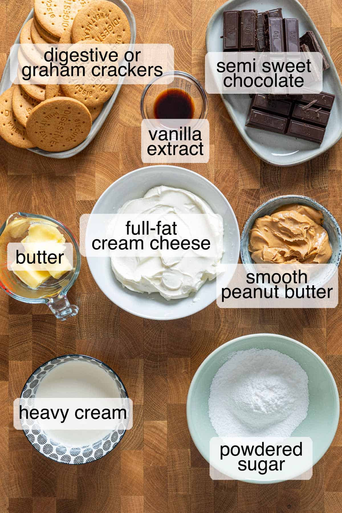 Ingredients to make no bake peanut butter chocolate cheesecake.