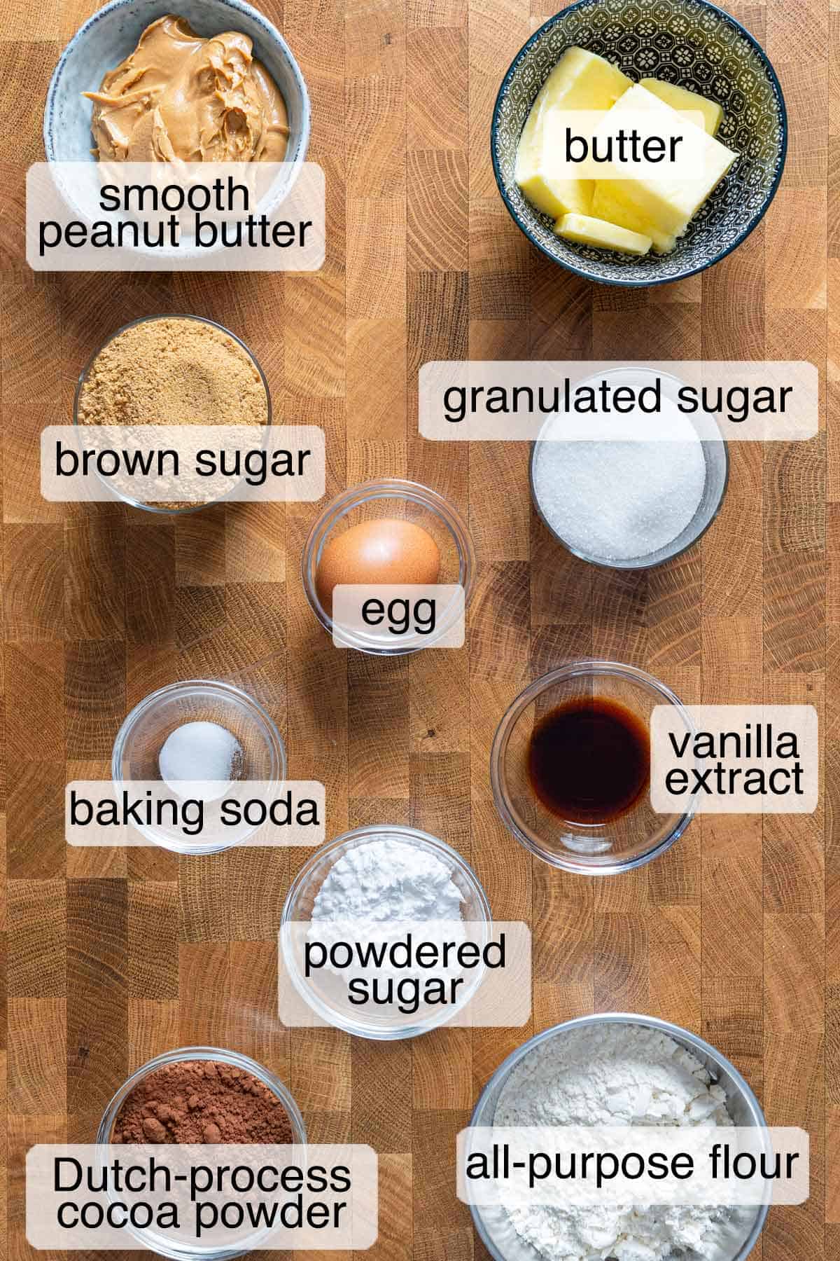 Ingredients to make peanut butter stuffed chocolate cookies.