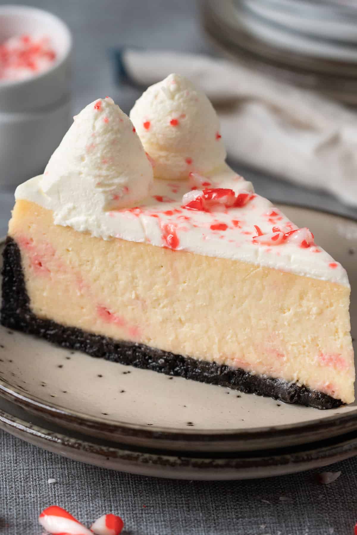 A slice of peppermint cheesecake without water bath.