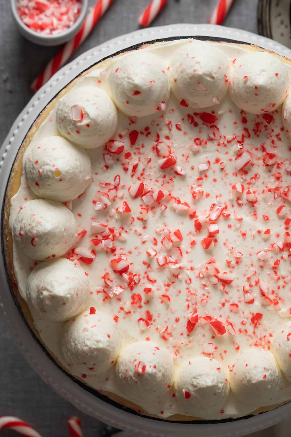 Candy cane cheesecake view from top.