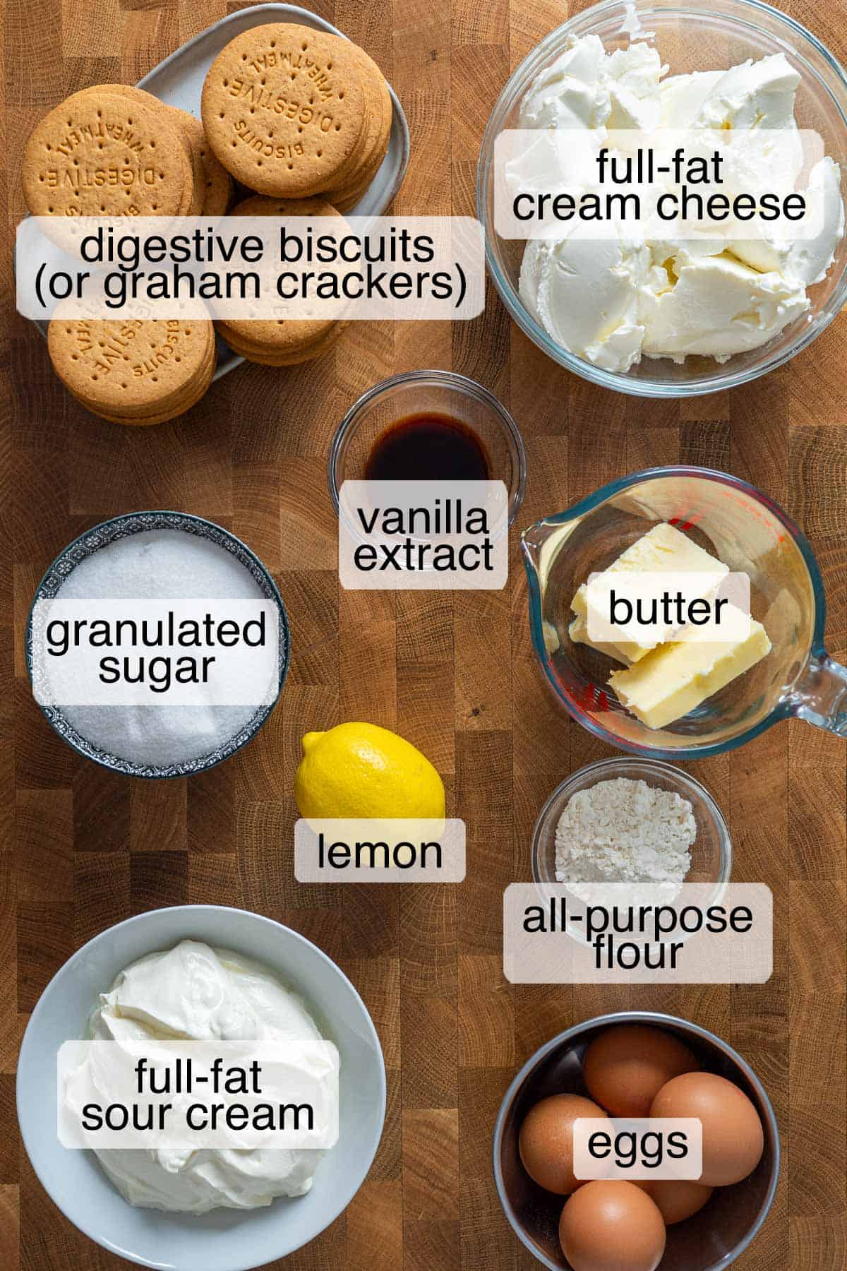 Ingredients to make New York Cheesecake with no water bath.