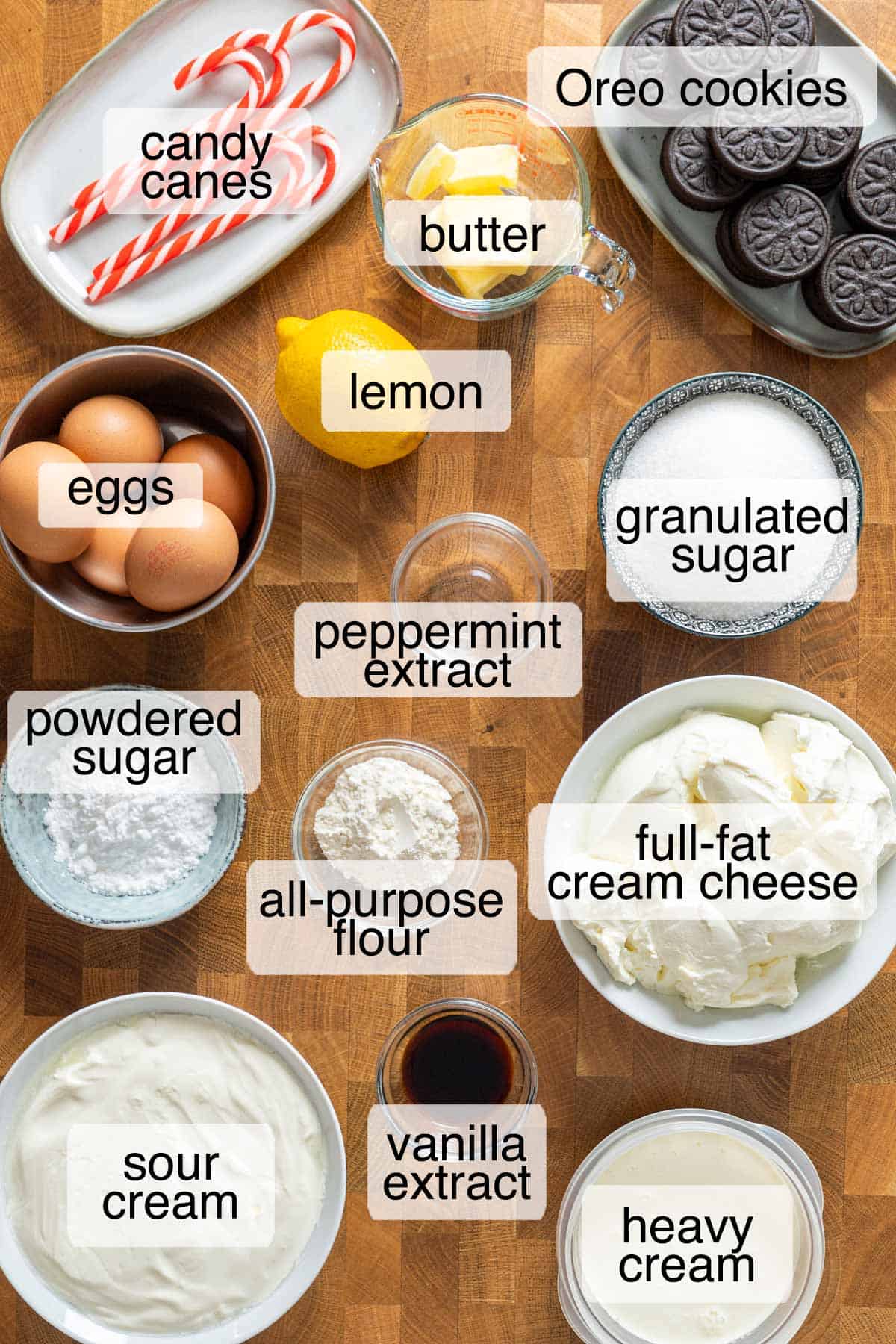 Ingredients to make peppermint cheesecake.