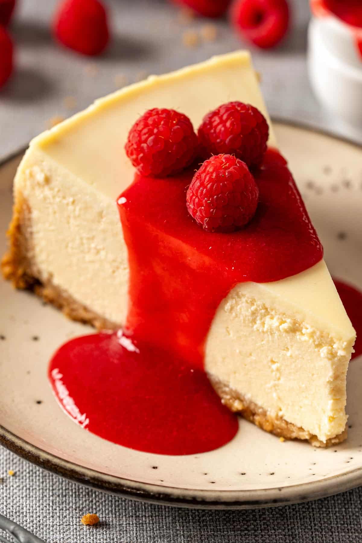 New York Cheesecake with no water bath topped with coulis.