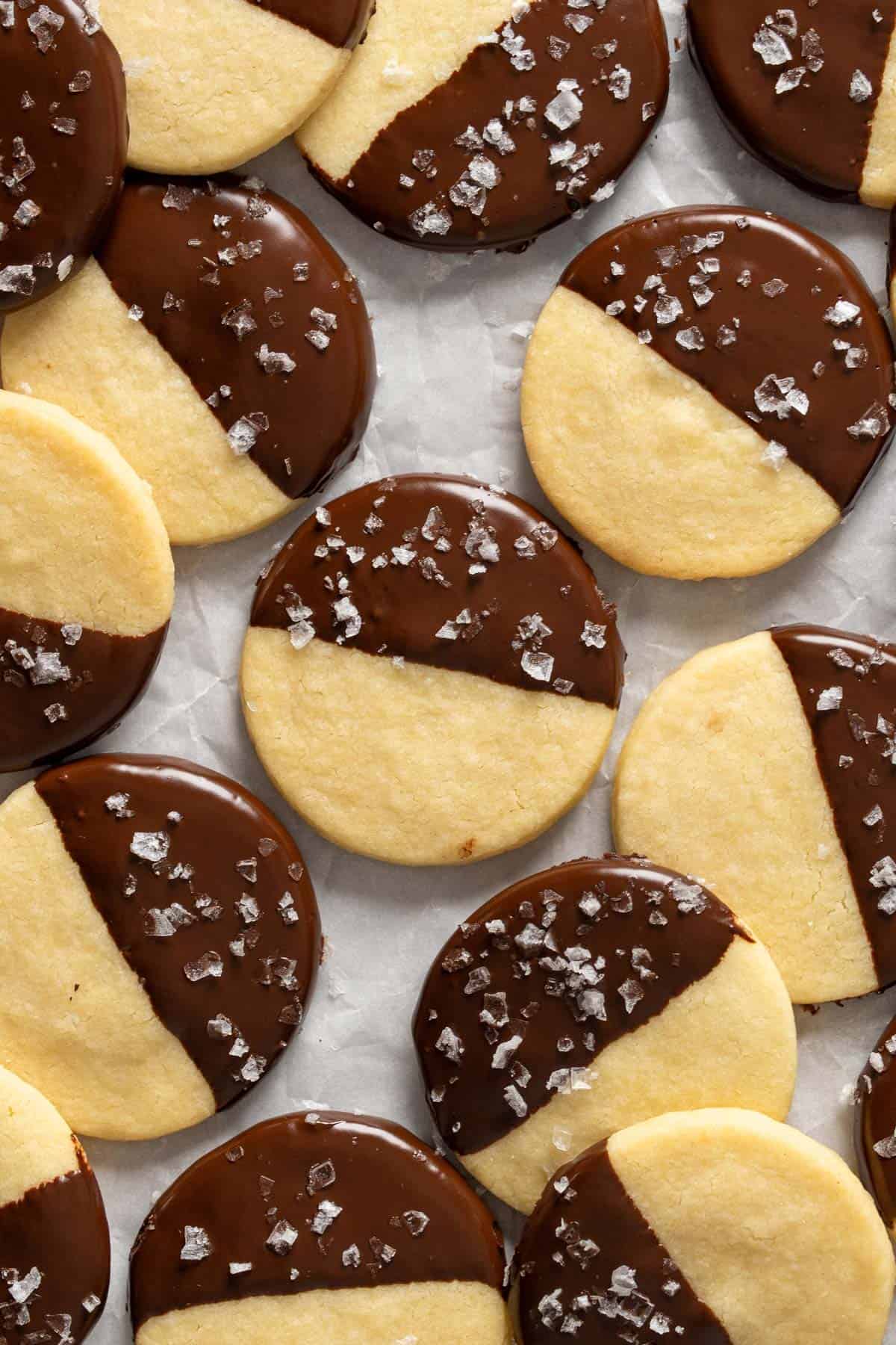 Chocolate dipped shortbread cookies view from top.